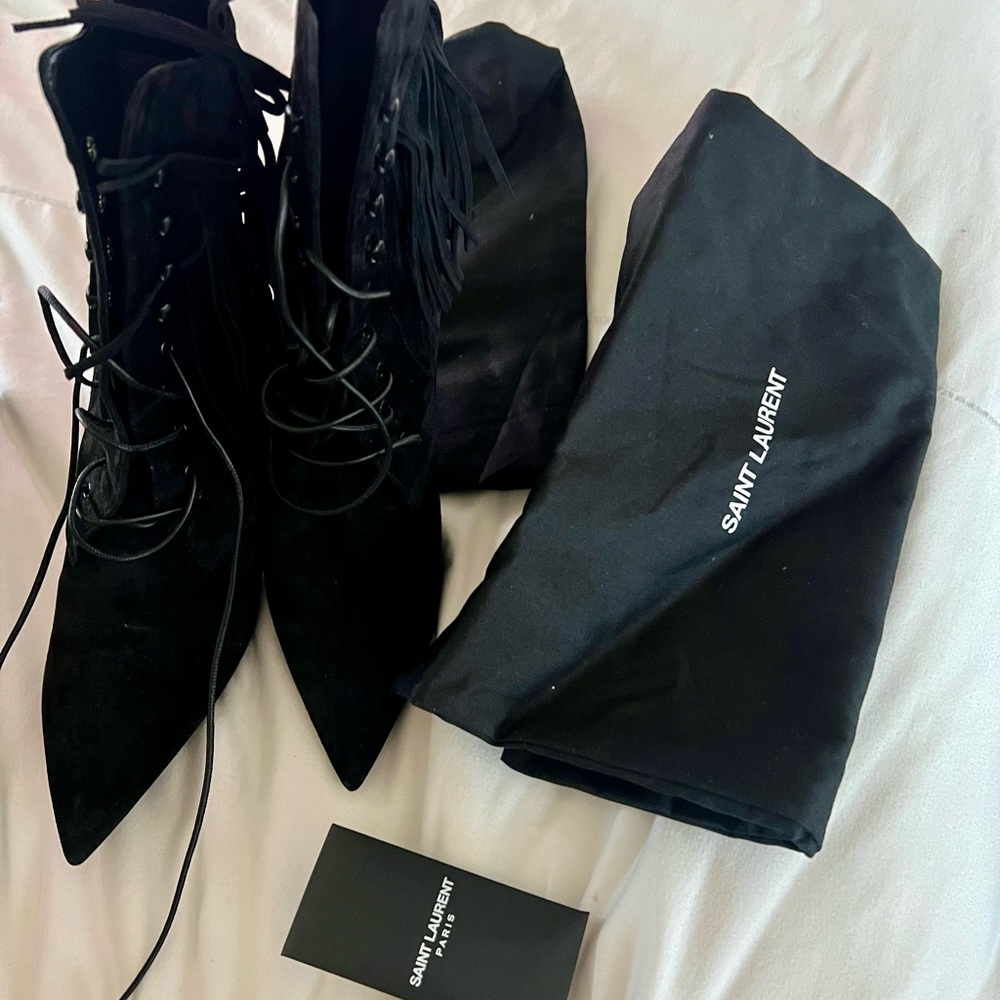 Saint Laurent  Kiki 100 Lace Up Fringe Boots Black - Picture 8 of 12